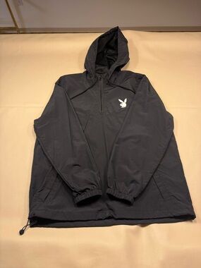 PLAYBOY Black Hooded Windbreaker with Bunny Patch